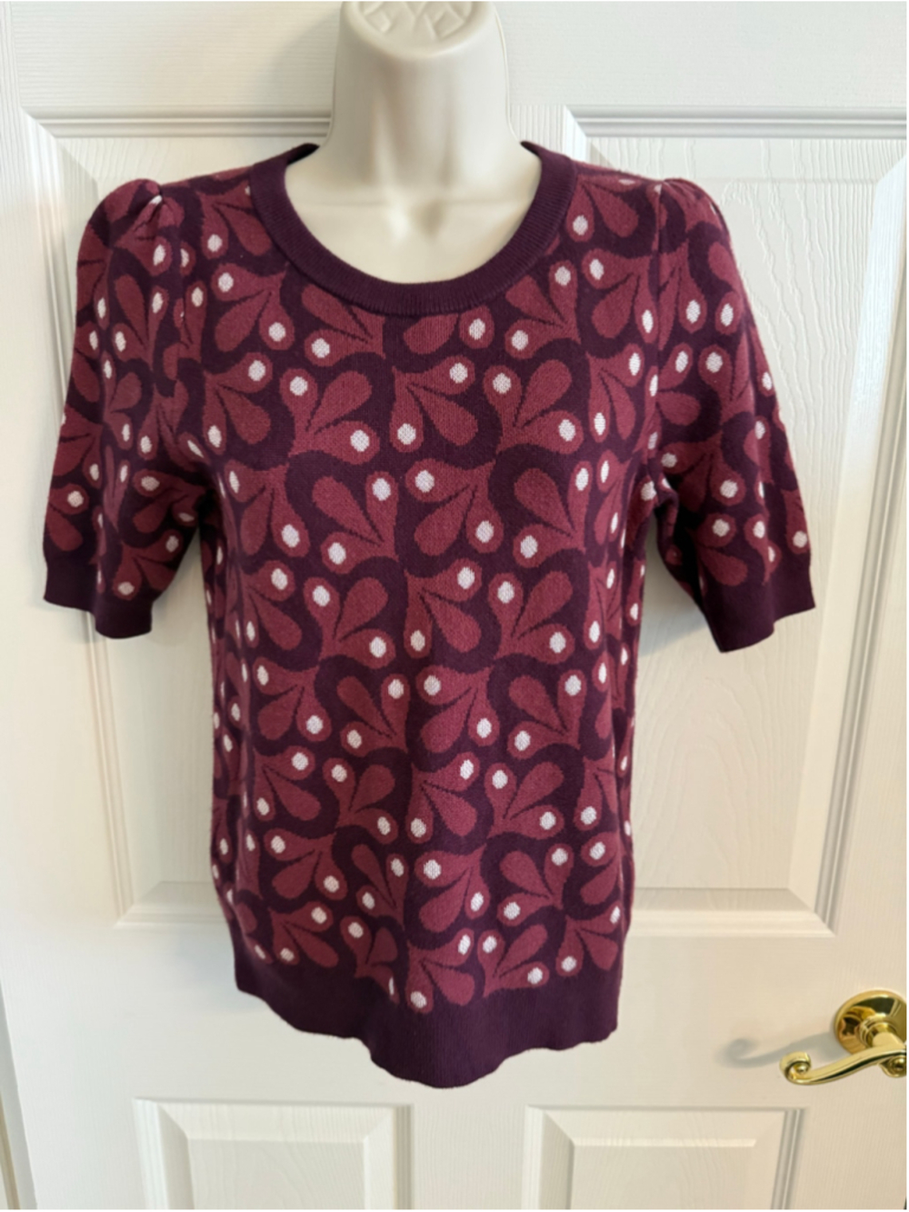 XS Maeve Anthropologie Purple Floral Puff Short Sleeve Knit Sweater Tee EUC
